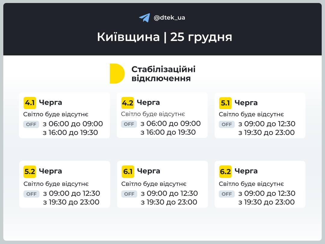 Оновлені графіки відключень на 25 грудня для Київщиниївщини – ДТЕК