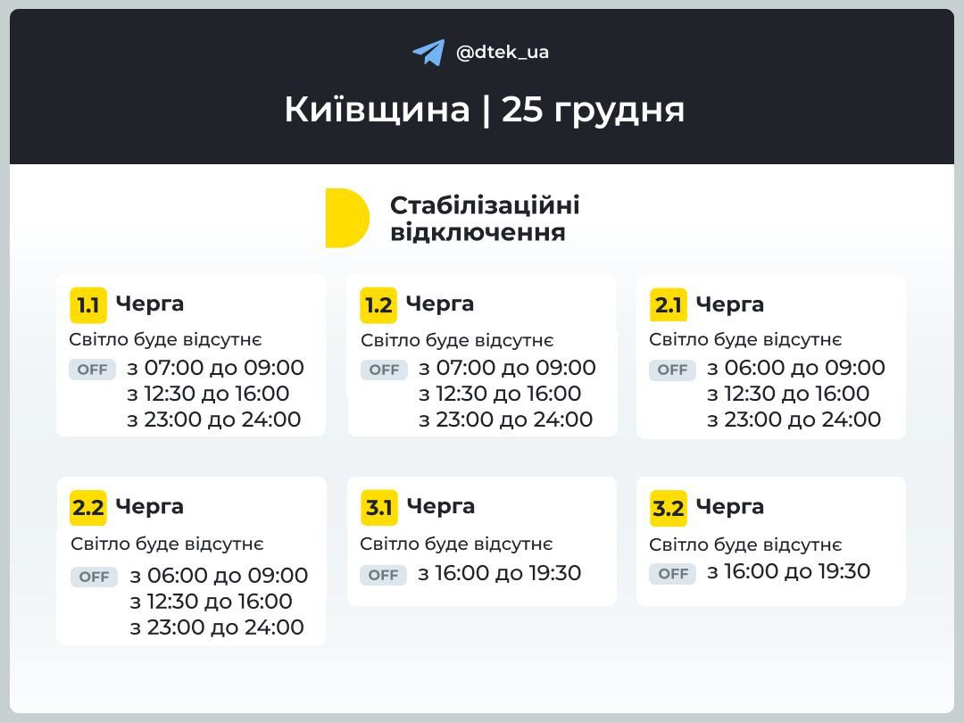 Оновлені графіки відключень на 25 грудня для Київщиниївщини – ДТЕК