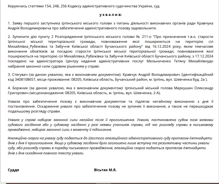 Суд зупинив дію розпорядження мера Ірпеня щодо призначення старости місцевої громади