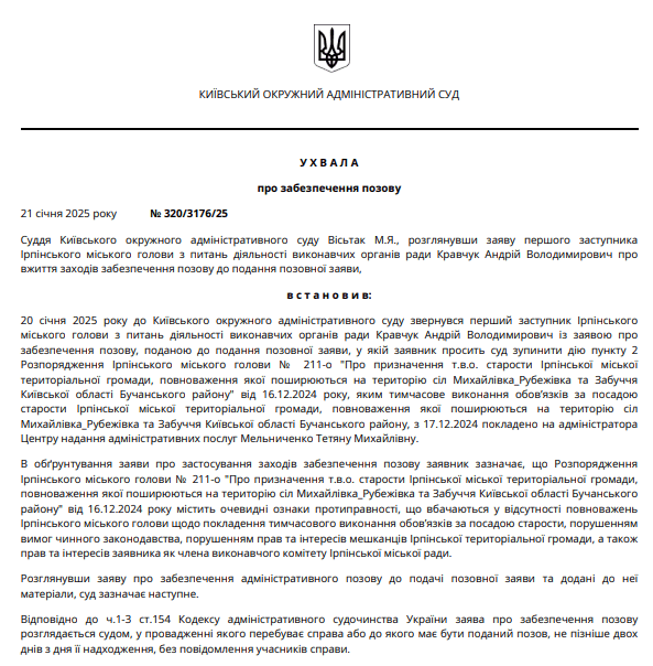 Суд зупинив дію розпорядження мера Ірпеня щодо призначення старости місцевої громади