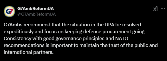 Посли G7 рекомендують українській владі оперативно вирішити скандальну ситуацію навколо Агенції оборонних закупівель