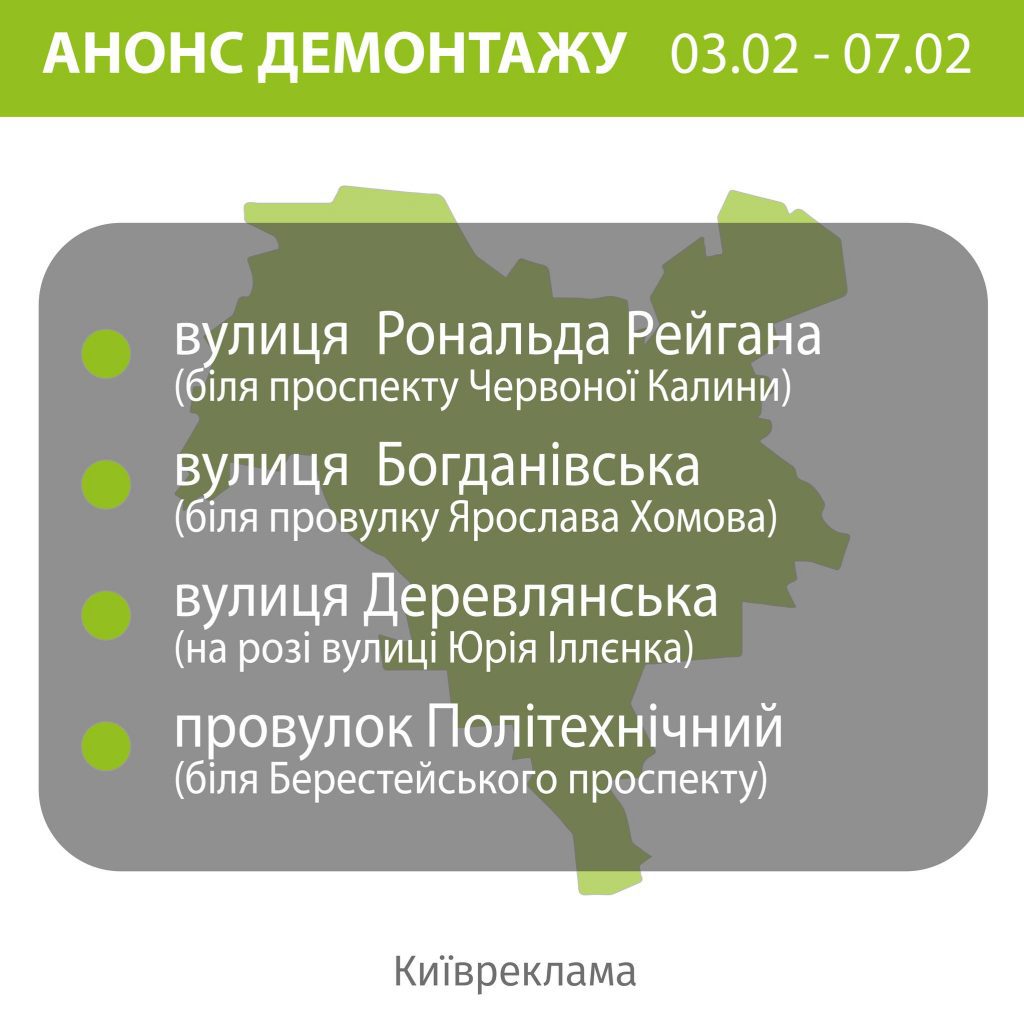 У Києві продовжують демонтаж незаконних рекламних конструкцій (локації)