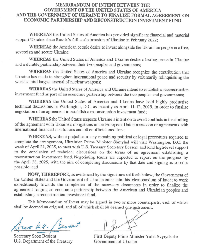 Україна і США підписали меморандум про наміри щодо угоди про надра та економічне партнерство Україна і США підписали меморандум про наміри щодо угоди про надра та економічне партнерство