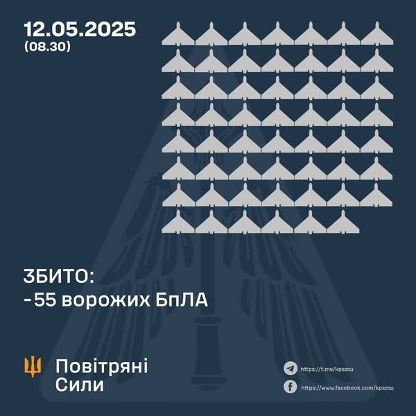 У ніч на 12 травня в небі України збито 55 шахедів, - Повітряні Сили У ніч на 12 травня в небі України збито 55 шахедів, - Повітряні Сили