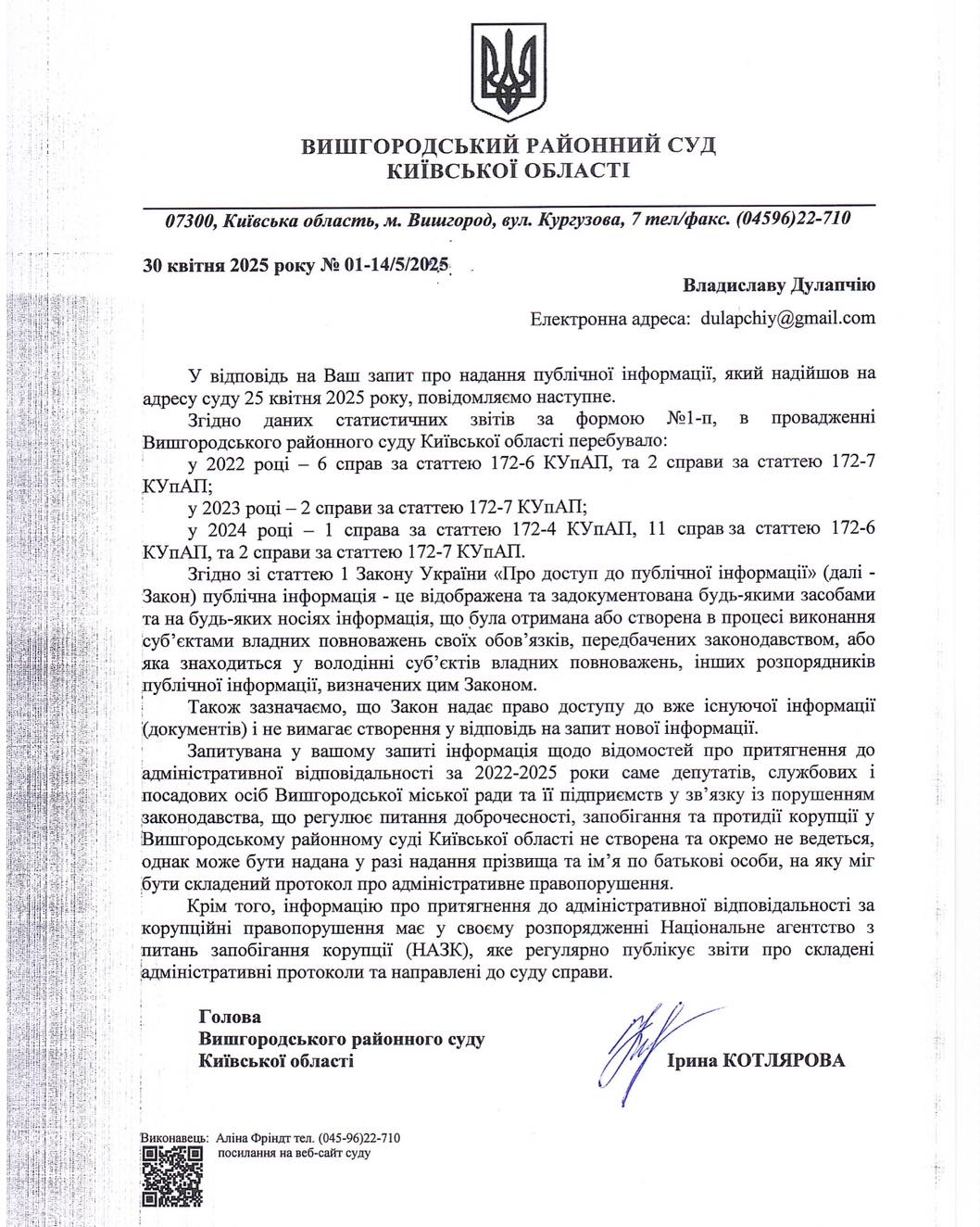 З 2022 року Вишгородський райсуд розглянув 22 справи щодо порушень антикорупційного законодавства Вишгородською міськрадою