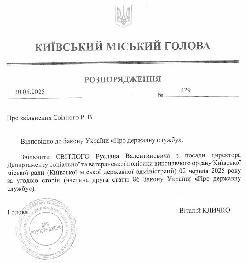 Руслан Світлий звільнений Кличком з посади директора соцдепартаменту КМДА