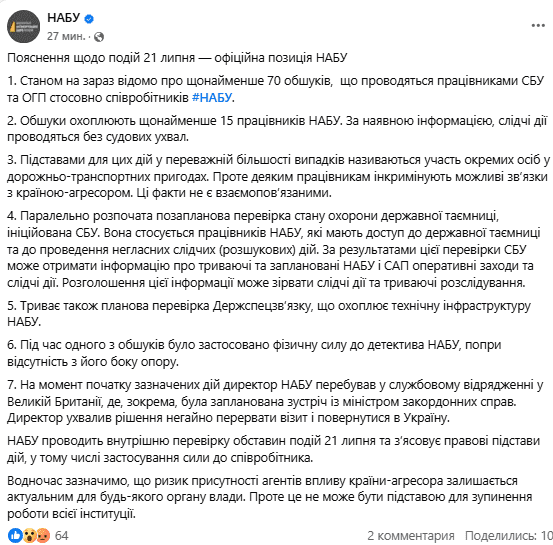 Обшуки охоплюють щонайменше 15 працівників бюро, слідчі дії проводяться без судових ухвал, - НАБУ щодо дій слідчих СБУ та ОГП Обшуки охоплюють щонайменше 15 працівників бюро, слідчі дії проводяться без судових ухвал, - НАБУ щодо дій слідчих СБУ та ОГП