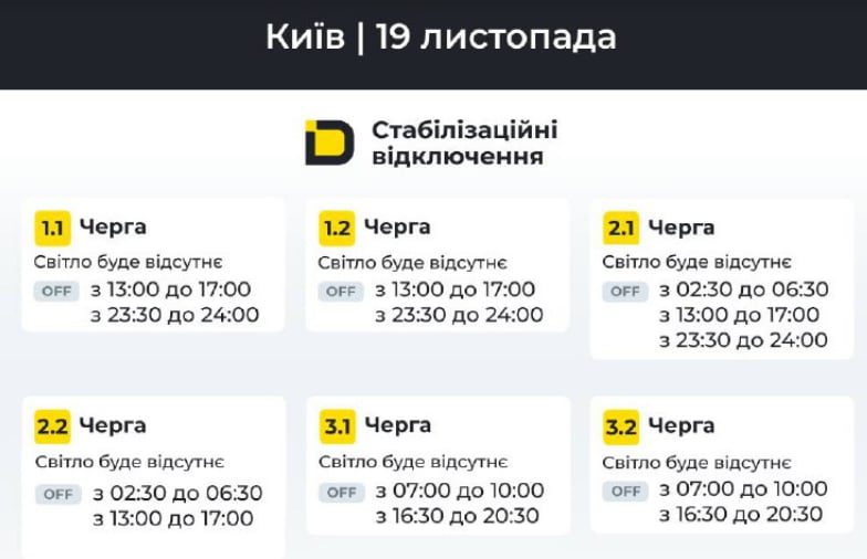 Відключення на 19 листопада: ДТЕК виклало графіки для Києва та області
