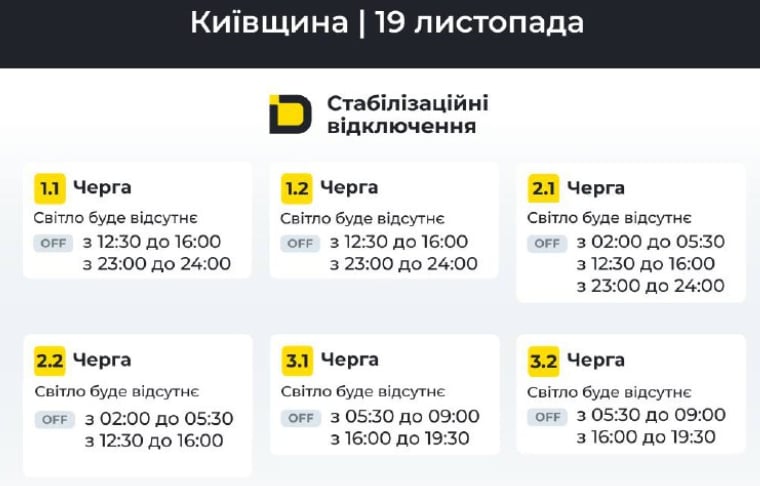 Відключення на 19 листопада: ДТЕК виклало графіки для Києва та області