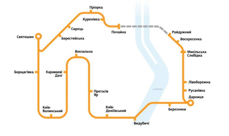 Між станціями "Почайна" – "Райдужний" рух кільцевої електрички тимчасово припинено до 13 грудня Між станціями «Почайна» – «Райдужний рух кільцевої електрички тимчасово припинено до 13 грудня