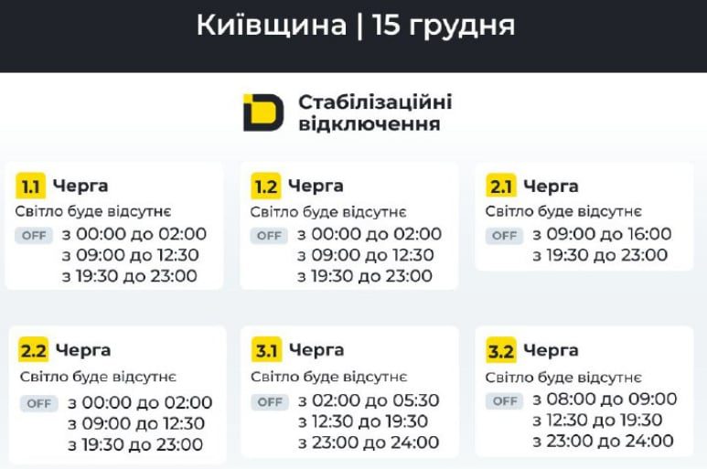 ГПВ на 15 грудня: енергетики оприлюднили графіки відключень для Києва та області