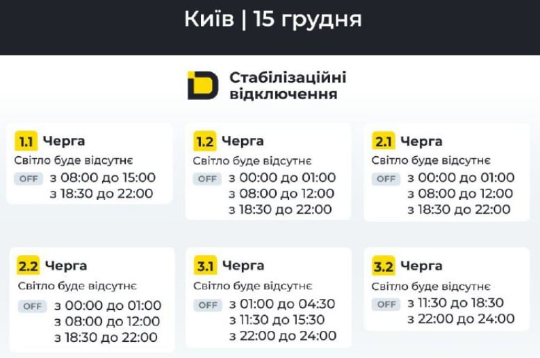 ГПВ на 15 грудня: енергетики оприлюднили графіки відключень для Києва та області